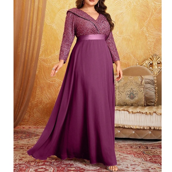 Plus Sequin V neck Party Evening Formal Wedding Flowy Dress - Picture 6 of 11